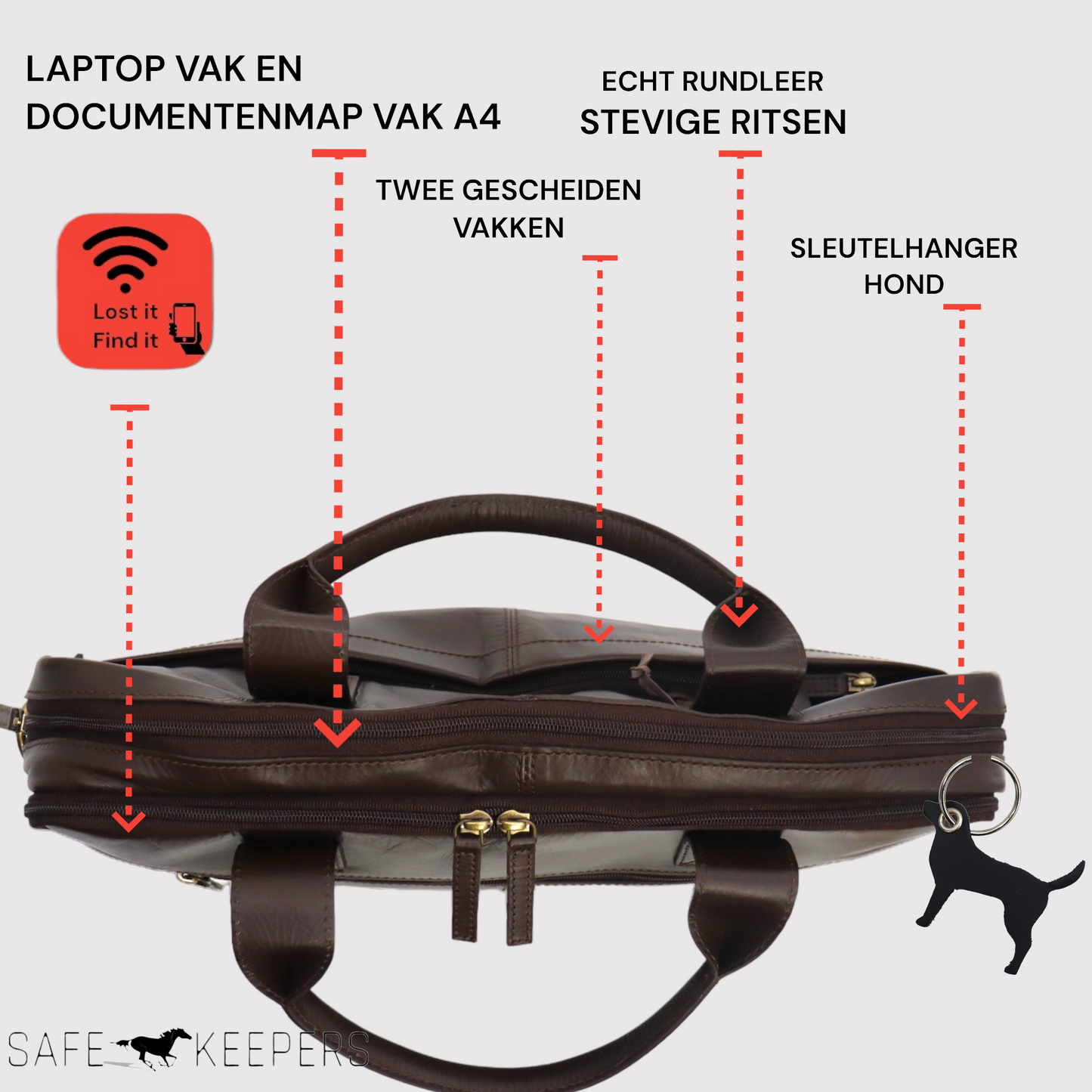 Safekeepers Documentenmap met laptoptas en Tracker - laptoptas - Lederen Business Backpack - Tas geschikt voor 15 inch Laptops - donkerbruin