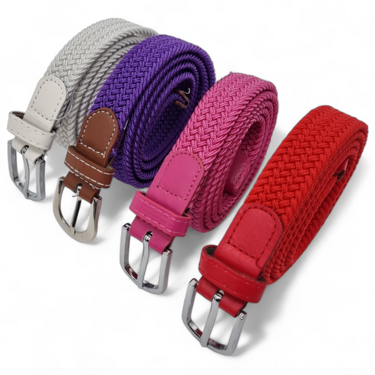 Elastische riem - 4 pak - dames riem - riem elastiek - smalle elastische riemen - gevlochten riem - Wit, paars, roze en rood.