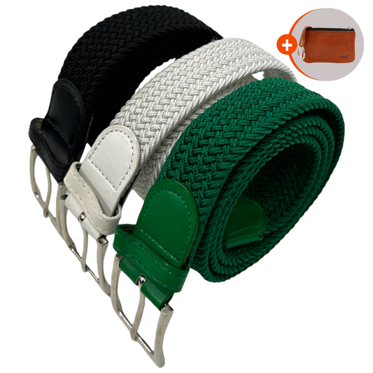3 pack elastiek stretch riem - Elastische broekriem Stretch riem Vlecht riem Gevlochten riem Elastiek riem - unisex - Zwart, Wit en groen.