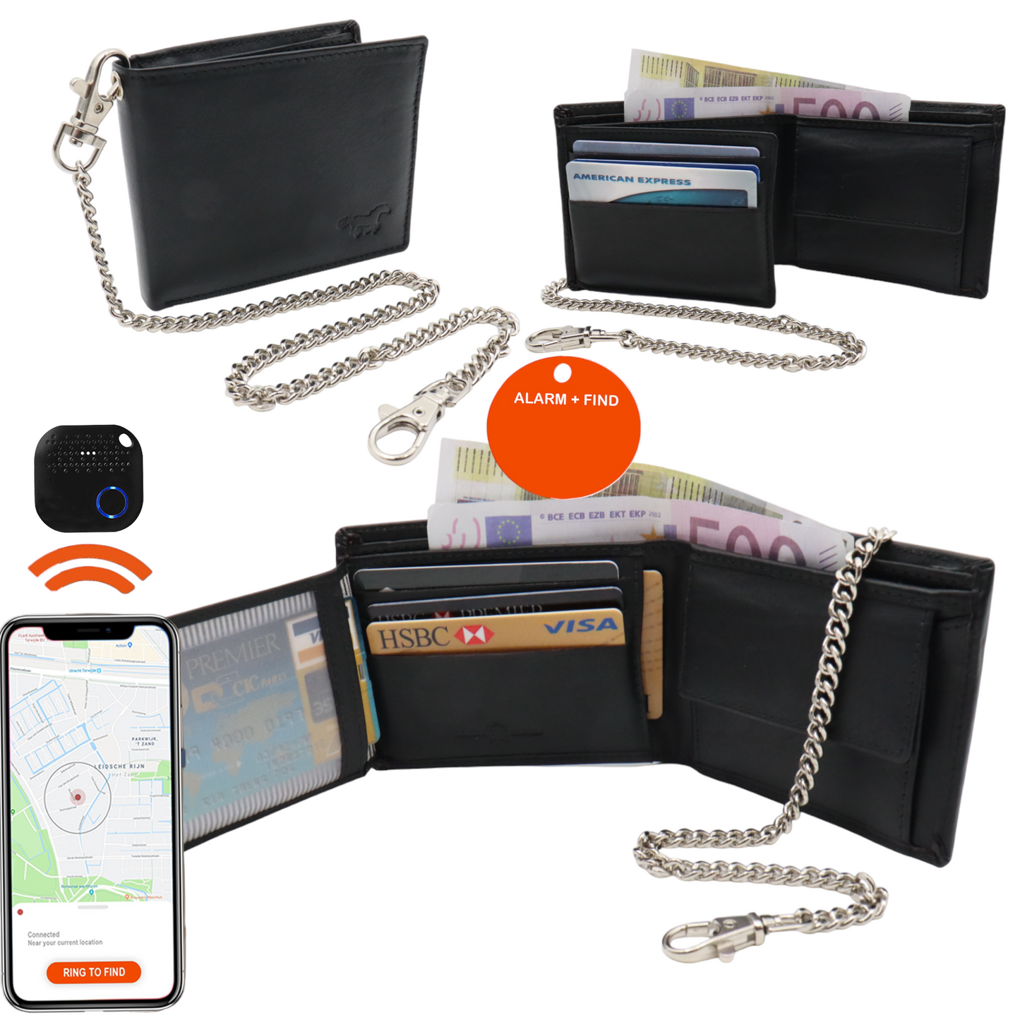 Compacte portemonnee Mannen met Tracker  - Portefeuille met ketting - bluetooth tracker en Ketting - zwart