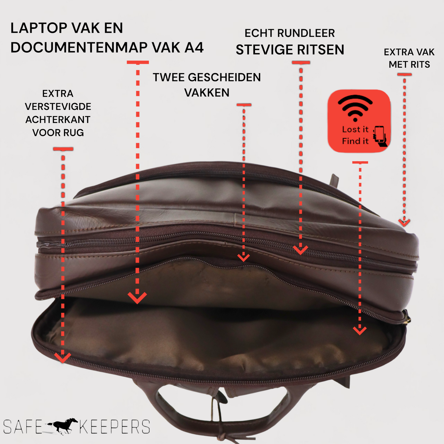 Safekeepers Documentenmap met rugtas en Tracker  - Rugzak - Lederen Business Backpack - Tas geschikt voor 15 inch Laptops - Bruin