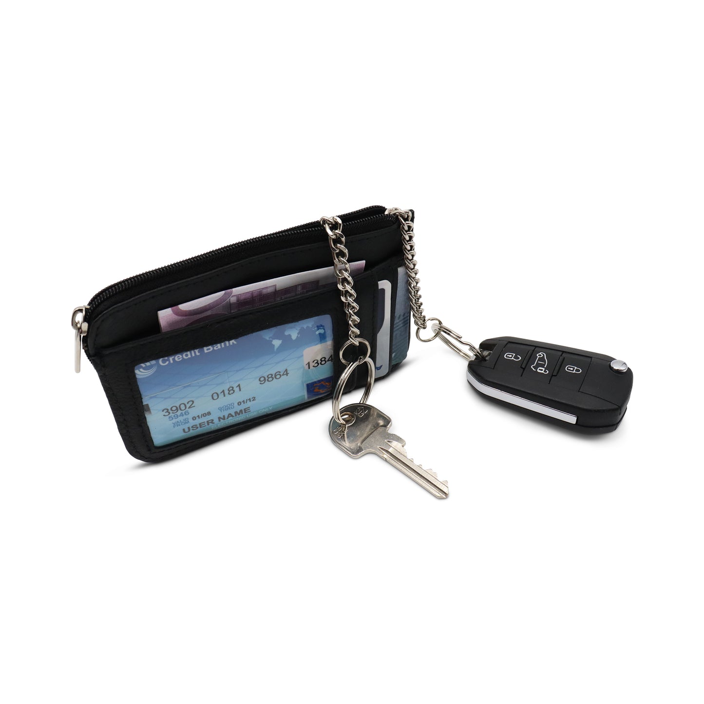 Safekeepers Schlüsseletui mit Reißverschluss - Schlüsseletui - Schlüsseltasche - Schlüsseletui mit Reißverschluss - Schlüsseltasche - 2 Ketten - Leder 