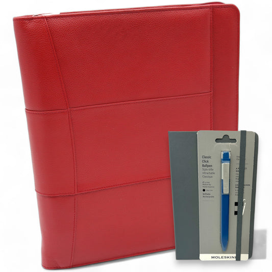 Parijs Leren Schrijfmap - Moleskin boekje en pen- Conferentiemap - Documentenmap A4 - Tablethoes & Laptopsleeve - Uitneembare Ringband - rood glad