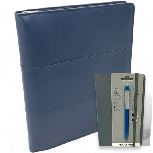 Leren Schrijfmap - Moleskin boekje en pen- Conferentiemap - Documentenmap A4 - Tablethoes & Laptopsleeve - Uitneembare Ringband - Navy blauw
