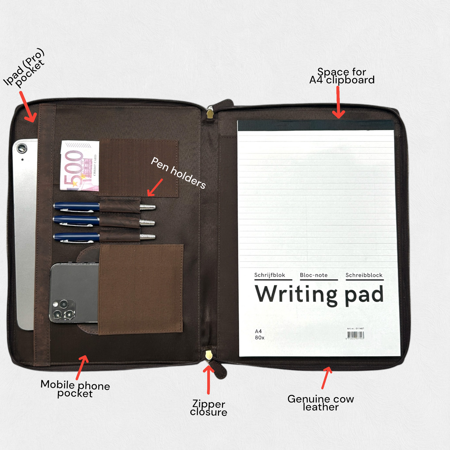 Berlijn Conferentiemap A4 - Tablet Sleeve - Schrijfmap - Laptop Sleeve - Ipad Sleeve - Bruin