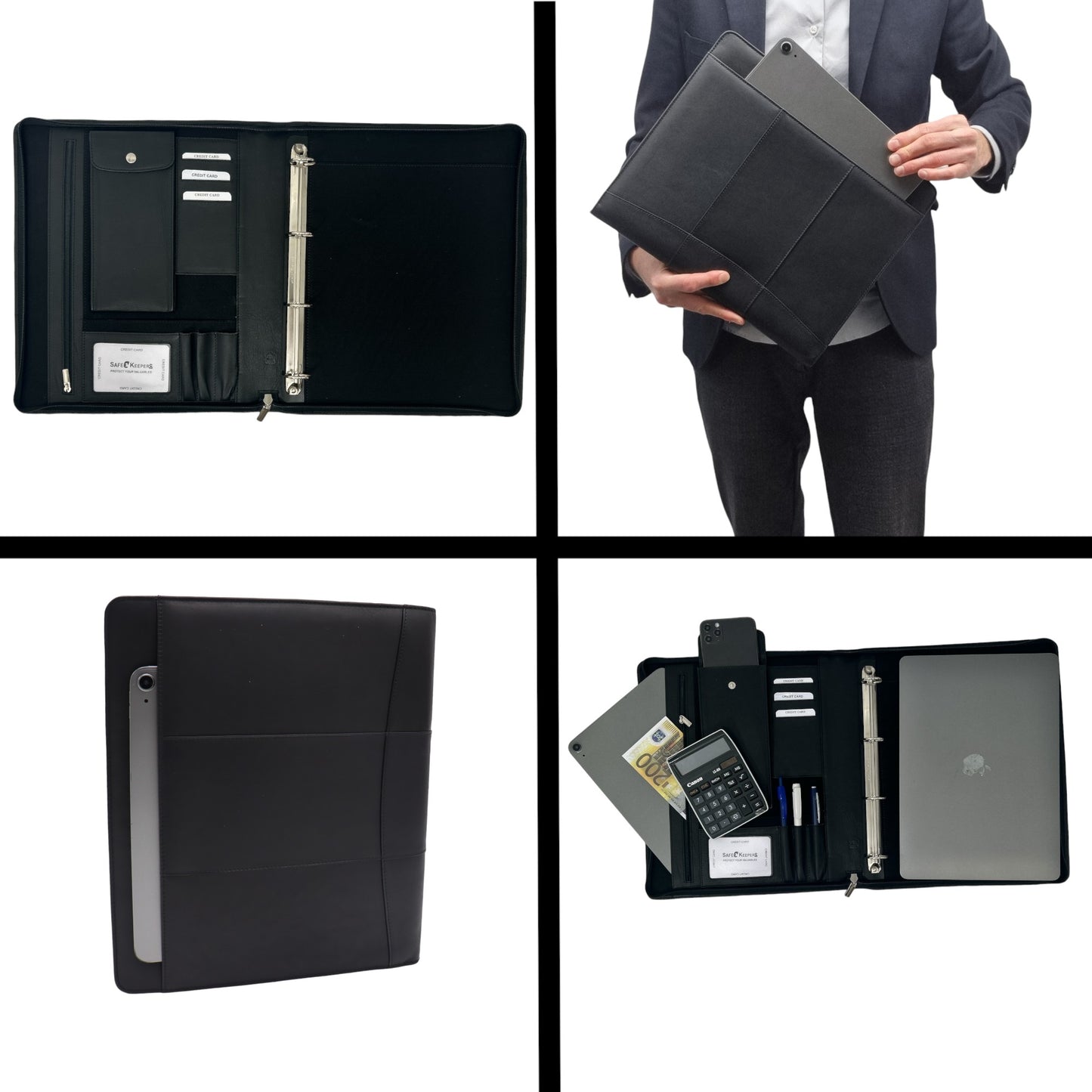 Paris Leder-Schreibmappe – Konferenzmappe – Dokumentenmappe A4 – Tablet-Hülle und Laptop-Hülle – abnehmbarer Ringordner – schwarz, glatt