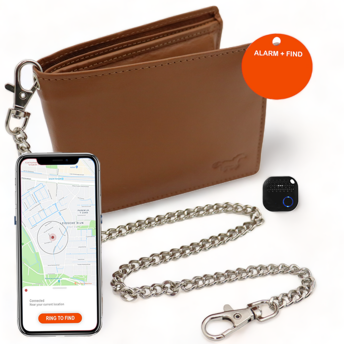 Umfangreiches Portemonnaie Herren mit Tracker – Portemonnaie mit Kette – Bluetooth-Tracker und Kette