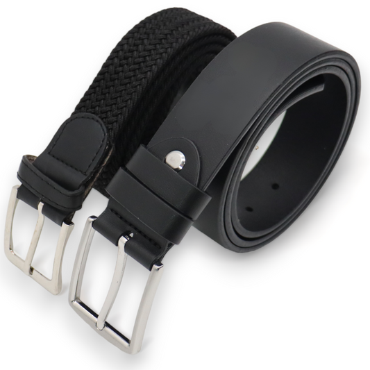 Zwei Anzuggürtel – Stretchgürtel mit 40 mm Jeansgürtel – Leder – Schwarz