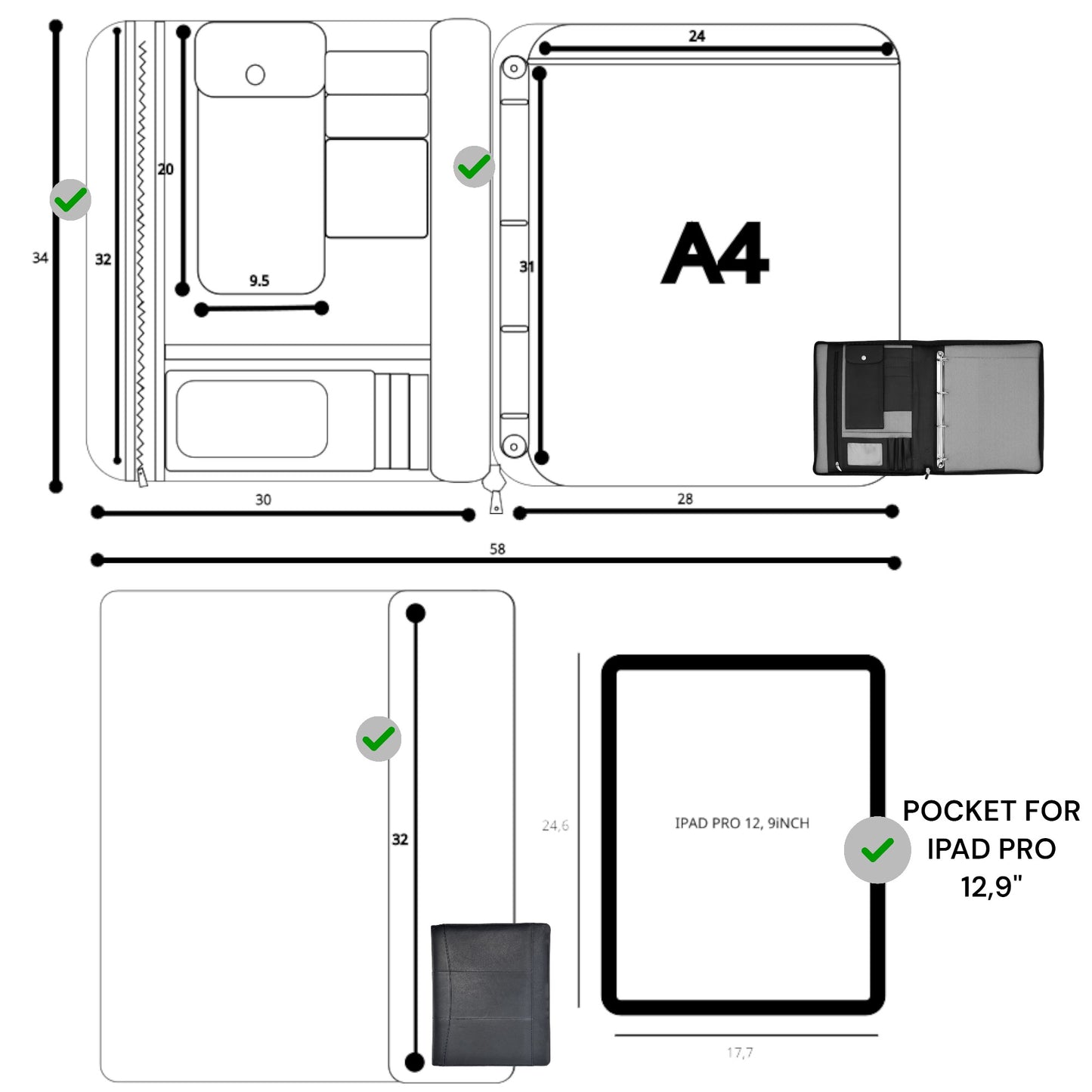 Geschäftsdokumentenmappen-Set Paris Leder-Schreibmappe A4 mit Kartenhalter – Tracker