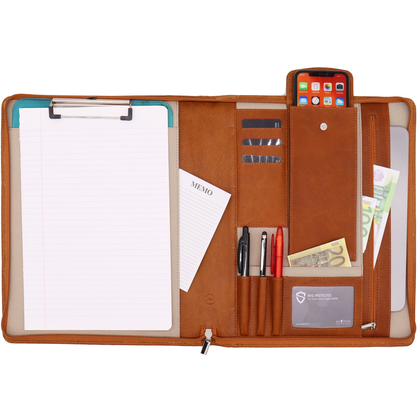 Safekeepers Leather Writing Case - Conference Folder - Workbook Tablet Sleeve &amp; Laptop Sleeve - Removable Ring Binder A4 Tan