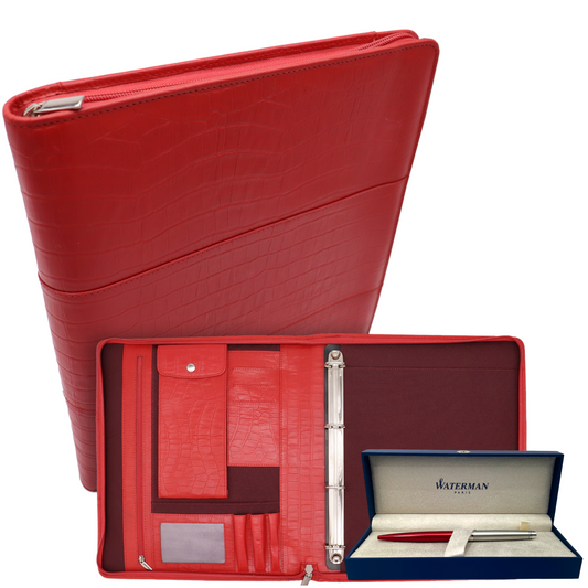 Safekeepers Paris Leder-Schreibmappe – Konferenzmappe – Dokumentenmappe A4 – Tablet-Hülle und Laptop-Hülle – abnehmbarer Ringordner – Rot