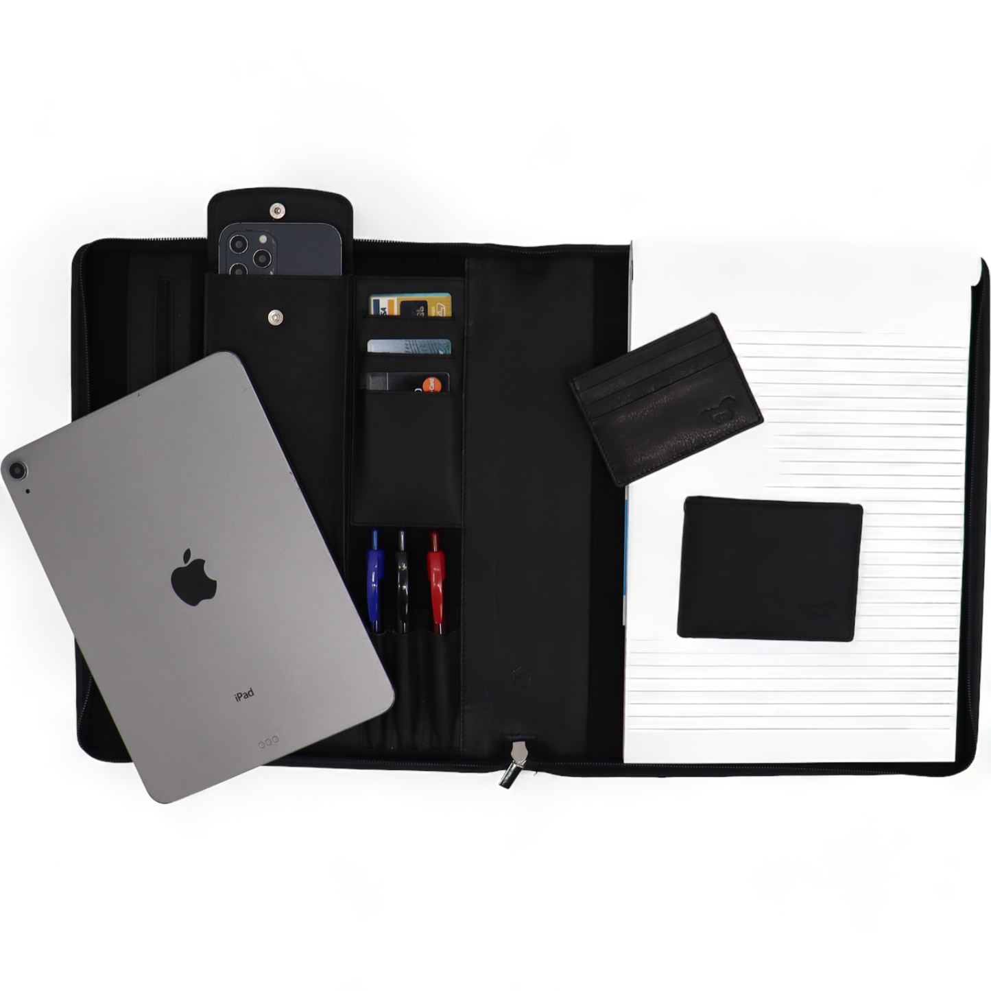 Paris Leder-Schreibmappe – Konferenzmappe – Dokumentenmappe A4 – Tablet-Hülle und Laptop-Hülle – abnehmbarer Ringordner – schwarz, glatt